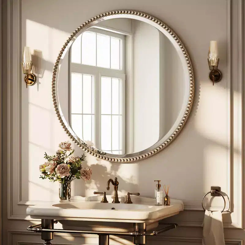 BEAUTYPEAK Beaded Round Wall Mirror Decorative Vanity Bathroom Mirror with Resin Frame