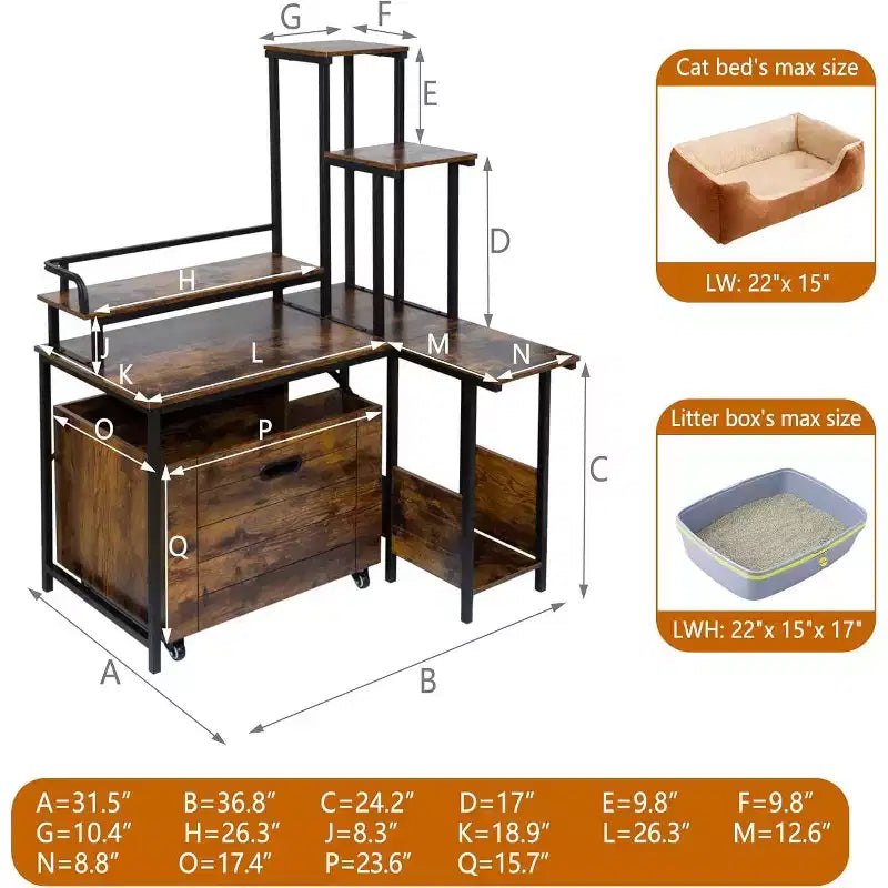 6-Shelf Cat Litter Box Enclosure with Pull-Out Tray & Mat - Hidden Wooden Litter Furniture for Corner Placement