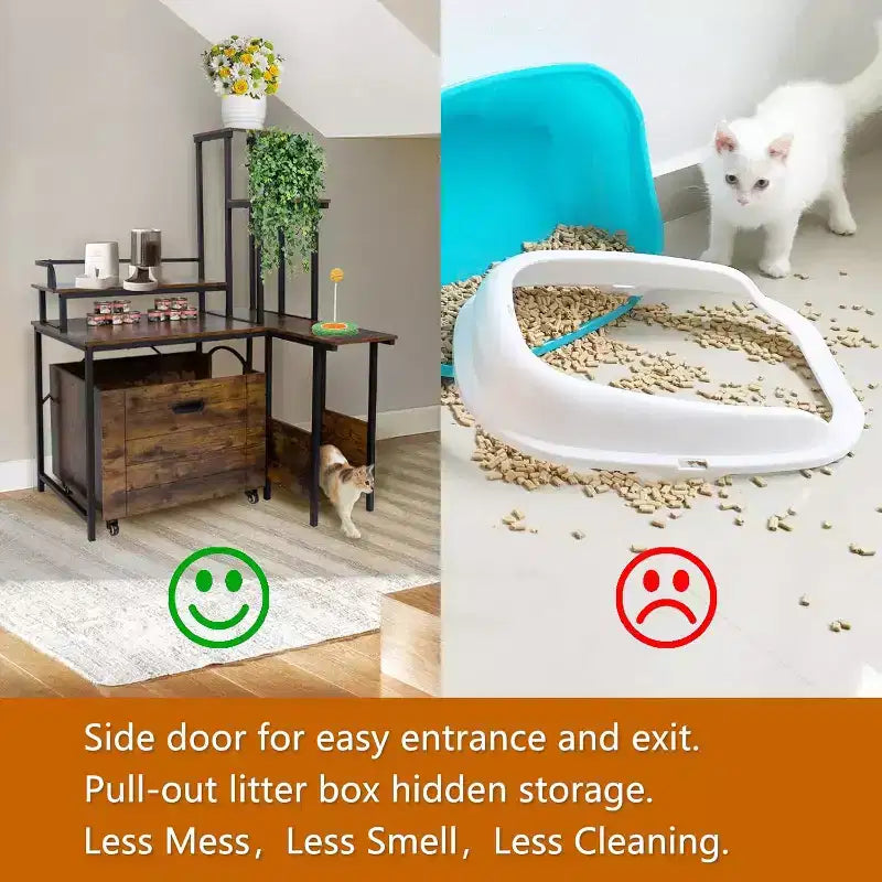 6-Shelf Cat Litter Box Enclosure with Pull-Out Tray & Mat - Hidden Wooden Litter Furniture for Corner Placement