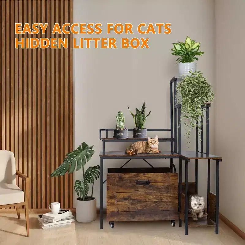 6-Shelf Cat Litter Box Enclosure with Pull-Out Tray & Mat - Hidden Wooden Litter Furniture for Corner Placement