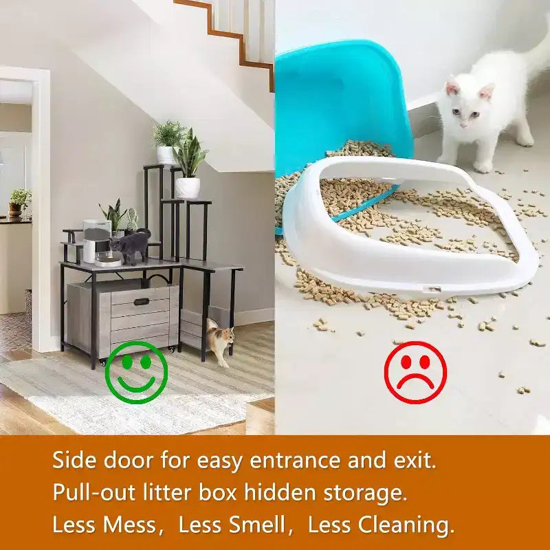 6-Shelf Cat Litter Box Enclosure with Pull-Out Tray & Mat - Hidden Wooden Litter Furniture for Corner Placement