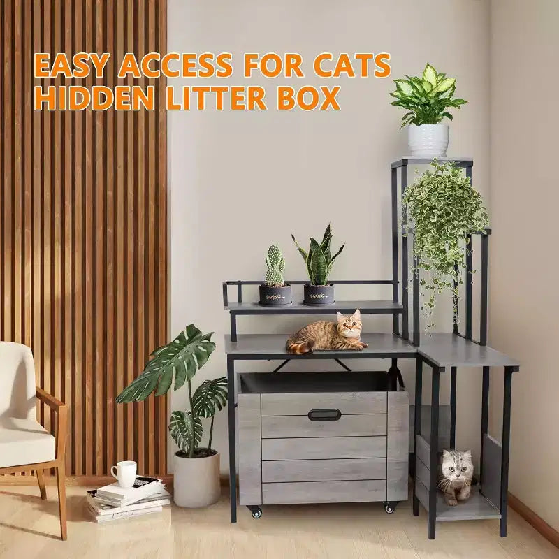 6-Shelf Cat Litter Box Enclosure with Pull-Out Tray & Mat - Hidden Wooden Litter Furniture for Corner Placement