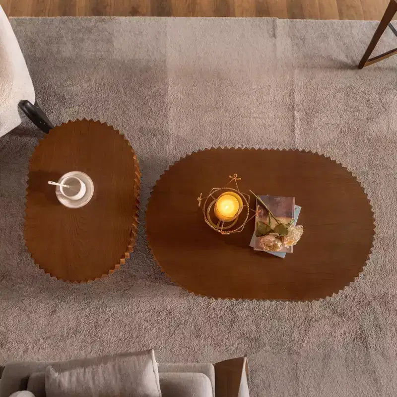 GDFStudio Spencer 2 Piece Wave Stripe Edge Wooden Pedestal Coffee Table Set