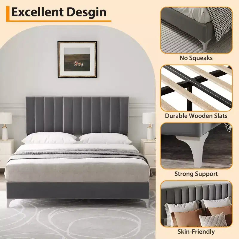 Full Size Bed Frame, Velvet Upholstered, Adjustable Headboard, Noise Free, No Box Spring Needed, Wooden Slats Support, Grey