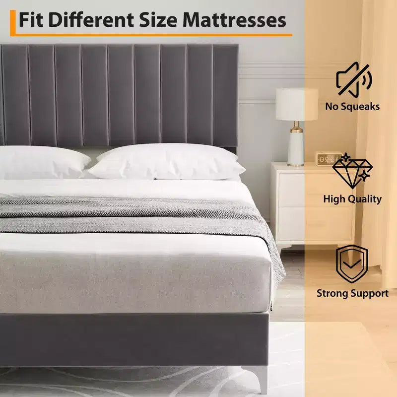 Full Size Bed Frame, Velvet Upholstered, Adjustable Headboard, Noise Free, No Box Spring Needed, Wooden Slats Support, Grey