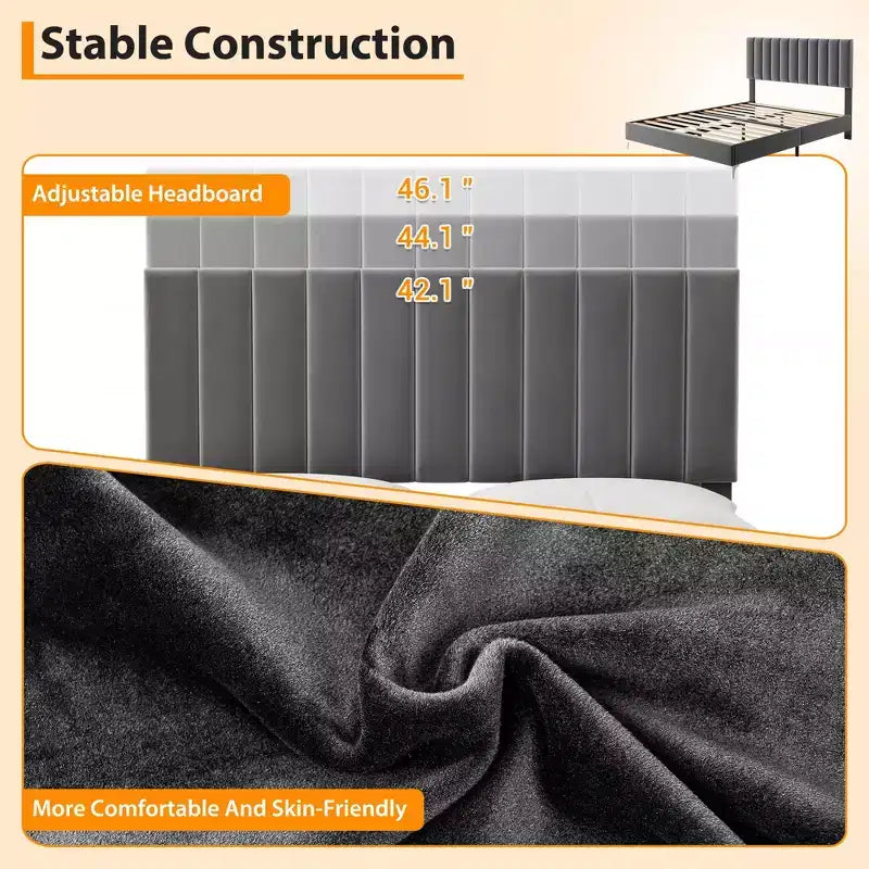 Full Size Bed Frame, Velvet Upholstered, Adjustable Headboard, Noise Free, No Box Spring Needed, Wooden Slats Support, Grey