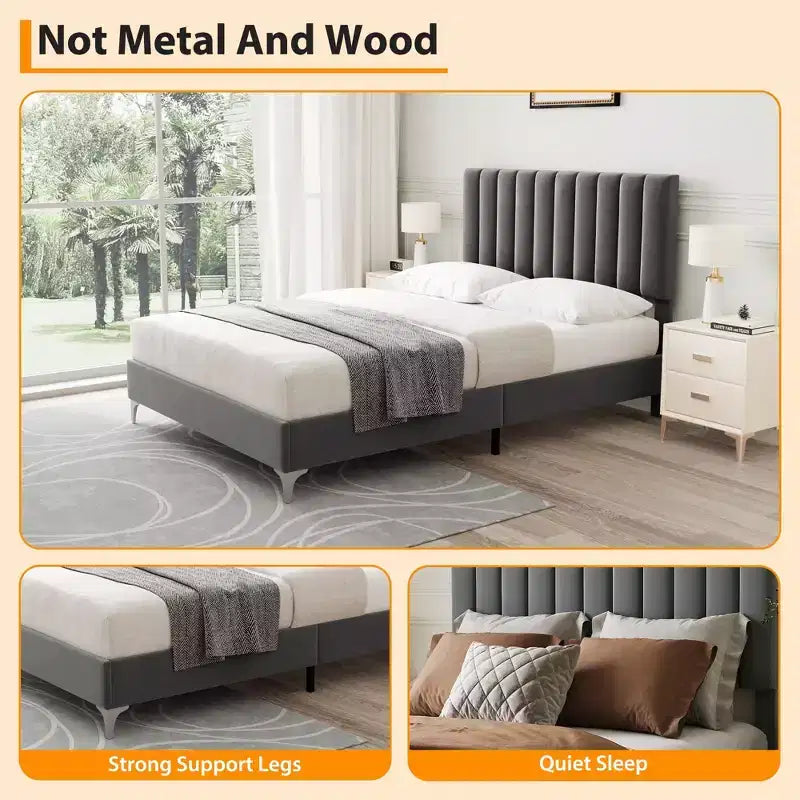 Full Size Bed Frame, Velvet Upholstered, Adjustable Headboard, Noise Free, No Box Spring Needed, Wooden Slats Support, Grey