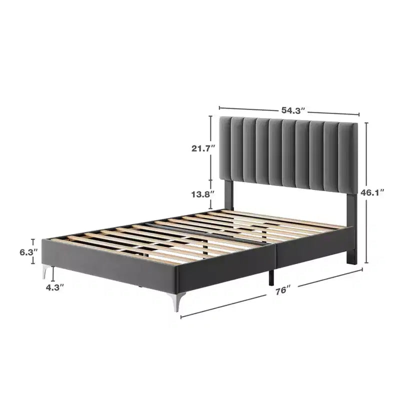 Full Size Bed Frame, Velvet Upholstered, Adjustable Headboard, Noise Free, No Box Spring Needed, Wooden Slats Support, Grey