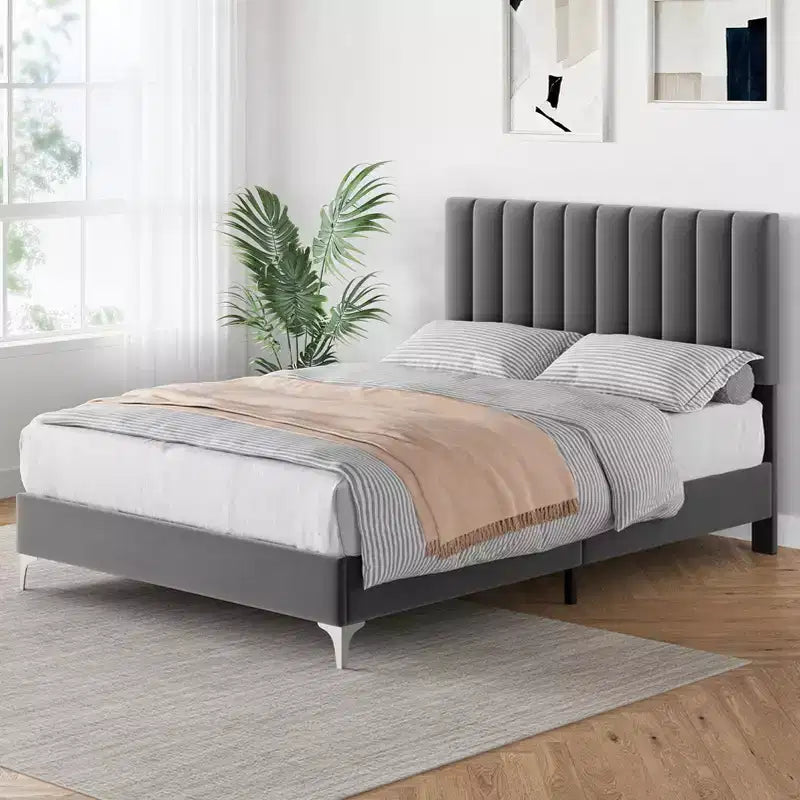 Full Size Bed Frame, Velvet Upholstered, Adjustable Headboard, Noise Free, No Box Spring Needed, Wooden Slats Support, Grey