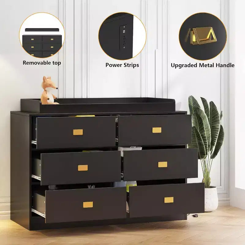 Dresser for Bedroom with 6 Drawers, Changing Table Dresser, Soft Pad & Removable Top, Baby Dressers with Changing Table Top for Nursery