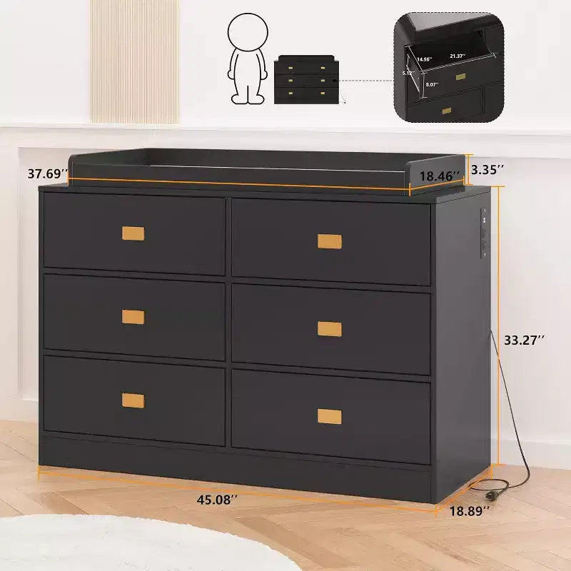Dresser for Bedroom with 6 Drawers, Changing Table Dresser, Soft Pad & Removable Top, Baby Dressers with Changing Table Top for Nursery