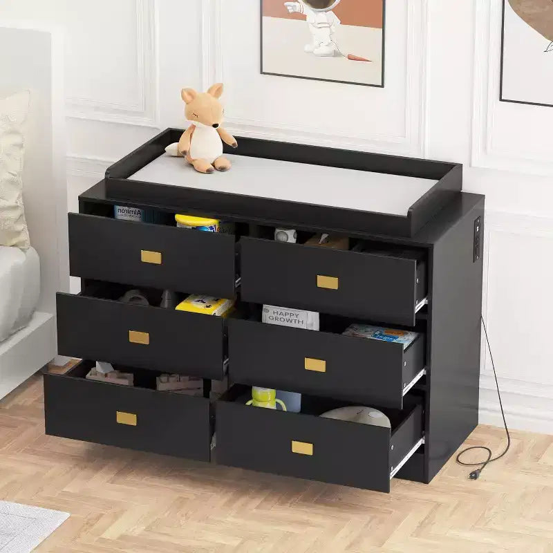 Dresser for Bedroom with 6 Drawers, Changing Table Dresser, Soft Pad & Removable Top, Baby Dressers with Changing Table Top for Nursery