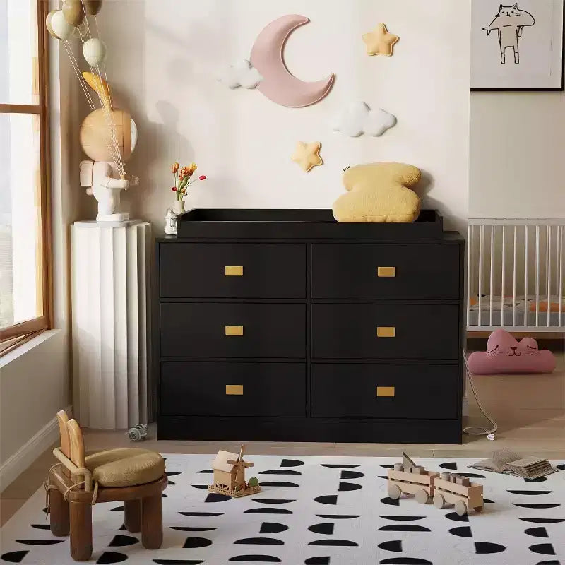 Dresser for Bedroom with 6 Drawers, Changing Table Dresser, Soft Pad & Removable Top, Baby Dressers with Changing Table Top for Nursery