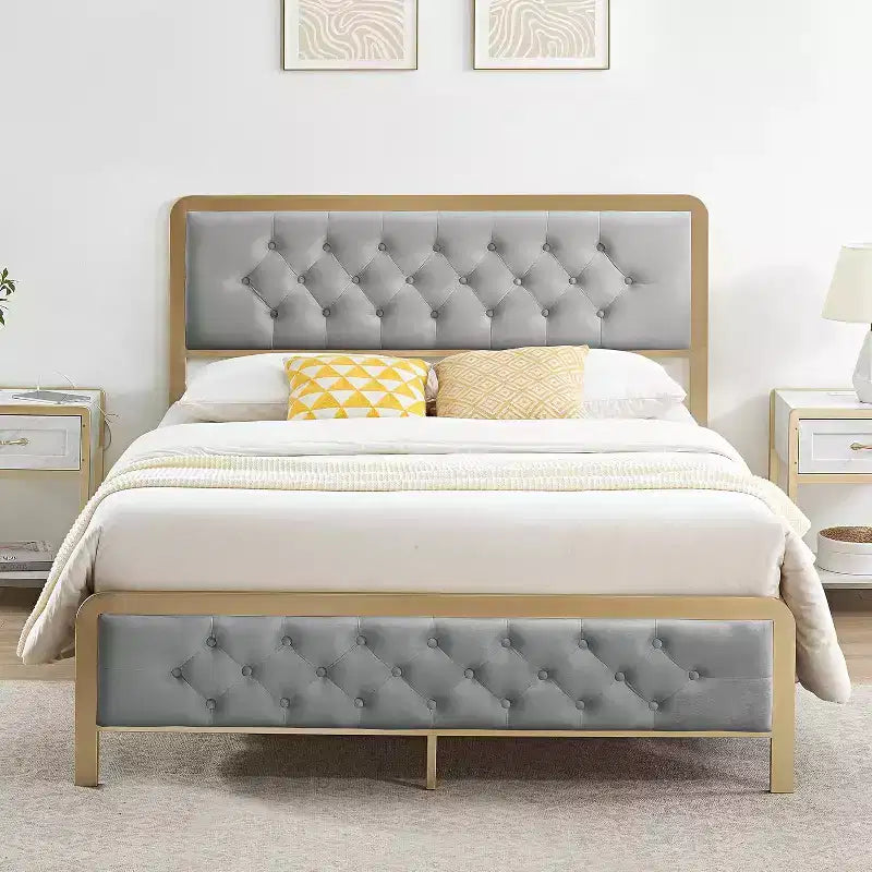 Golden Full Upholstered Bed Frame w/Button Tufted Headboard - Heavy Duty Metal, 12.6 Storage, No Box Spring Needed, Easy Assembly (Grey)
