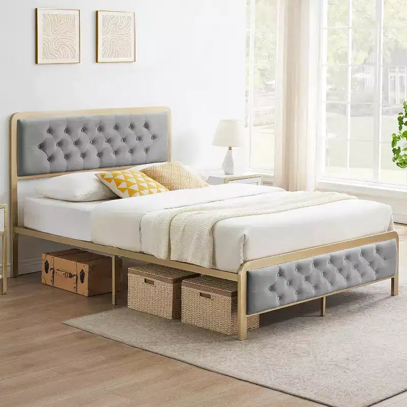 Golden Full Upholstered Bed Frame w/Button Tufted Headboard - Heavy Duty Metal, 12.6 Storage, No Box Spring Needed, Easy Assembly (Grey)