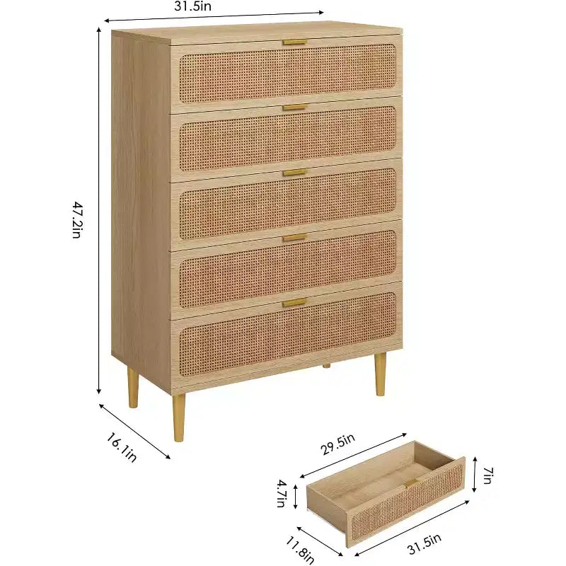 Rattan 5 Drawer Tall Dresser  Deep Storage Chest, Floor Standing Wooden Cabinet for Bedroom, Closet, Living Room