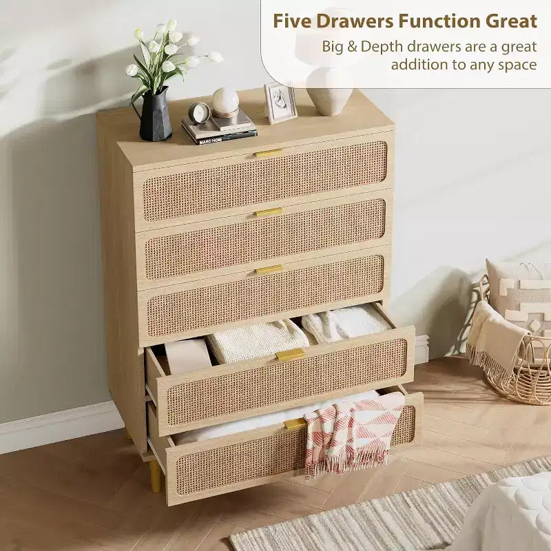 Rattan 5 Drawer Tall Dresser  Deep Storage Chest, Floor Standing Wooden Cabinet for Bedroom, Closet, Living Room