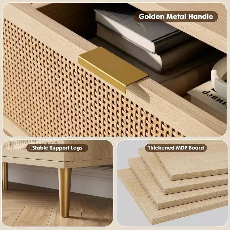 Rattan 5 Drawer Tall Dresser  Deep Storage Chest, Floor Standing Wooden Cabinet for Bedroom, Closet, Living Room