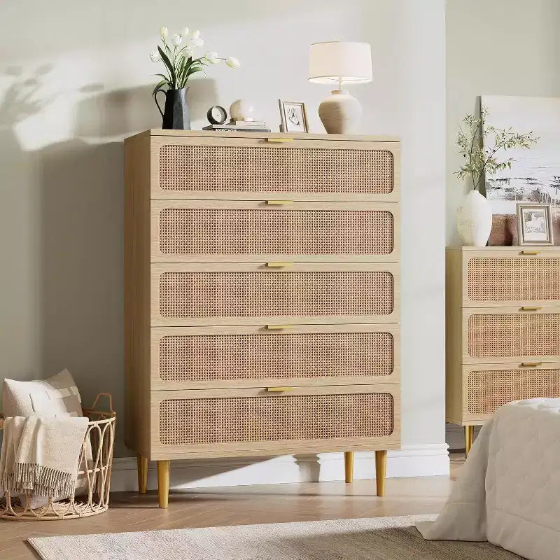 Rattan 5 Drawer Tall Dresser  Deep Storage Chest, Floor Standing Wooden Cabinet for Bedroom, Closet, Living Room