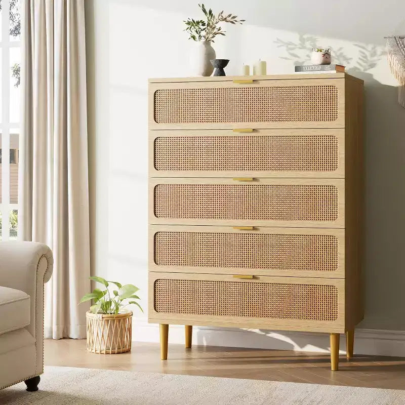 Rattan 5 Drawer Tall Dresser  Deep Storage Chest, Floor Standing Wooden Cabinet for Bedroom, Closet, Living Room