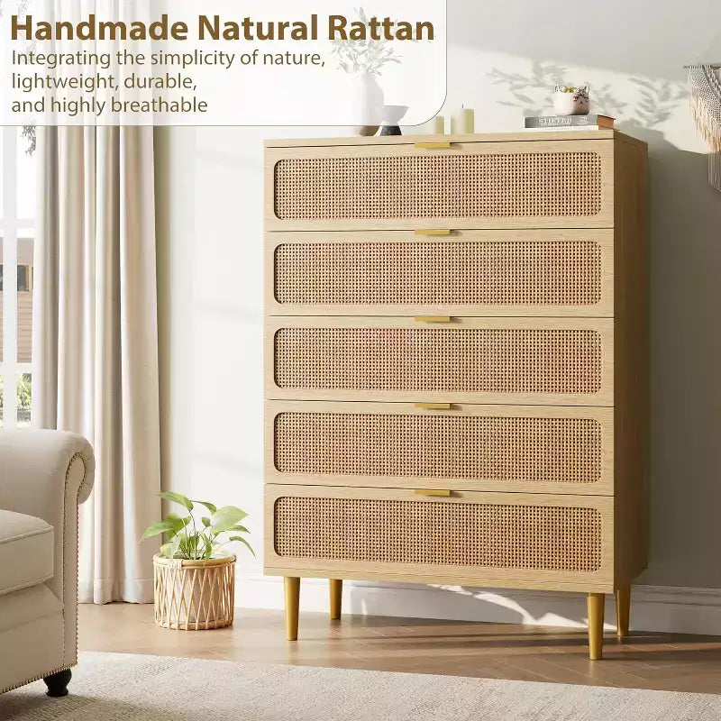 Rattan 5 Drawer Tall Dresser  Deep Storage Chest, Floor Standing Wooden Cabinet for Bedroom, Closet, Living Room