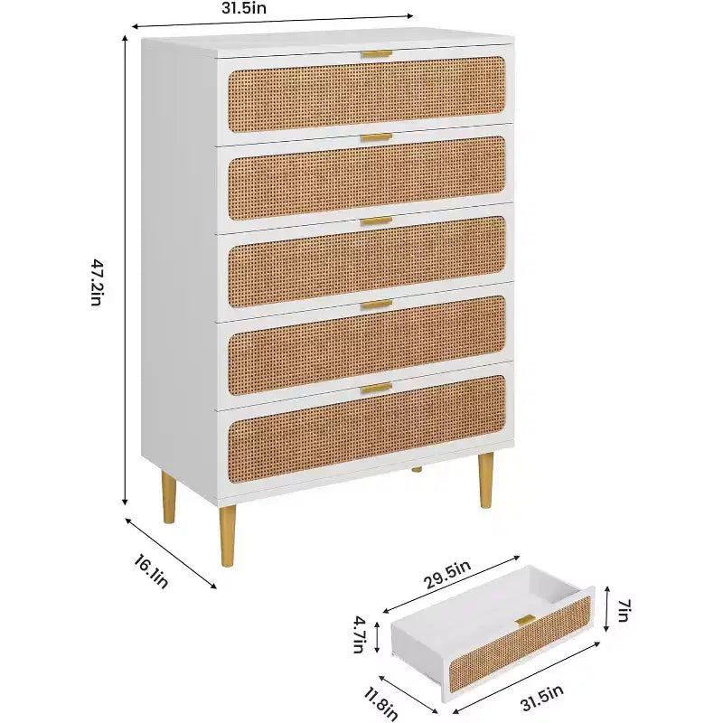 Rattan 5 Drawer Tall Dresser  Deep Storage Chest, Floor Standing Wooden Cabinet for Bedroom, Closet, Living Room