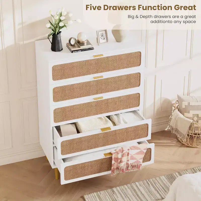 Rattan 5 Drawer Tall Dresser  Deep Storage Chest, Floor Standing Wooden Cabinet for Bedroom, Closet, Living Room