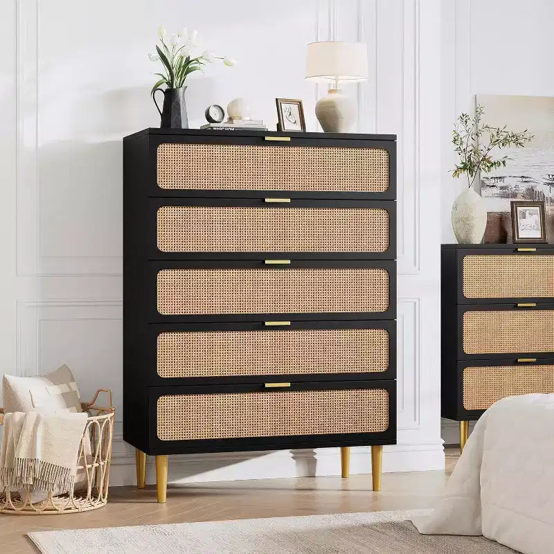 Rattan 5 Drawer Tall Dresser  Deep Storage Chest, Floor Standing Wooden Cabinet for Bedroom, Closet, Living Room