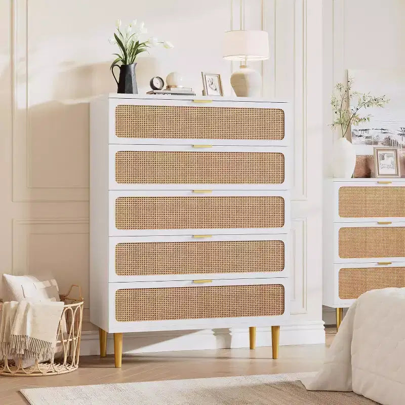 Rattan 5 Drawer Tall Dresser  Deep Storage Chest, Floor Standing Wooden Cabinet for Bedroom, Closet, Living Room