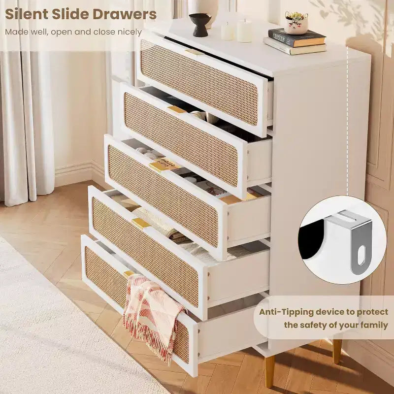 Rattan 5 Drawer Tall Dresser  Deep Storage Chest, Floor Standing Wooden Cabinet for Bedroom, Closet, Living Room