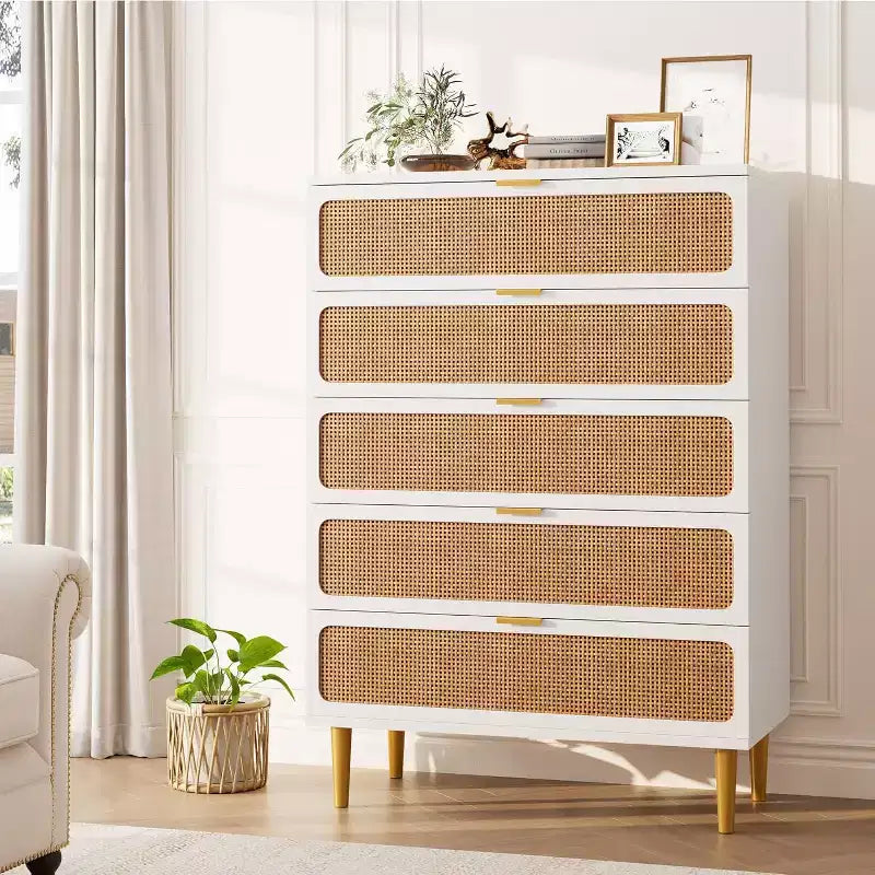 Rattan 5 Drawer Tall Dresser  Deep Storage Chest, Floor Standing Wooden Cabinet for Bedroom, Closet, Living Room