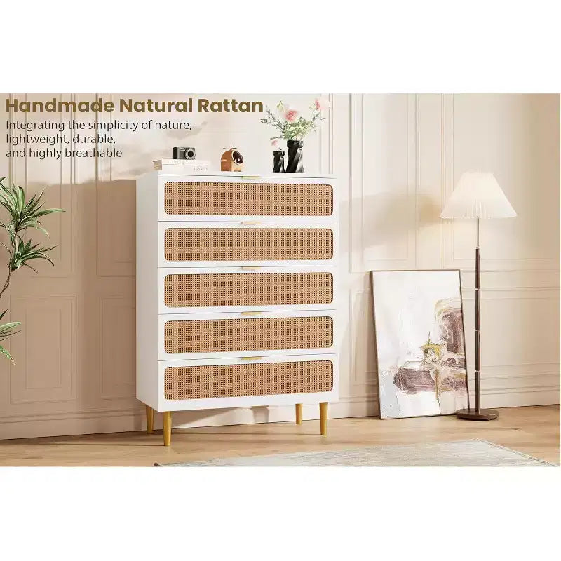 Rattan 5 Drawer Tall Dresser  Deep Storage Chest, Floor Standing Wooden Cabinet for Bedroom, Closet, Living Room
