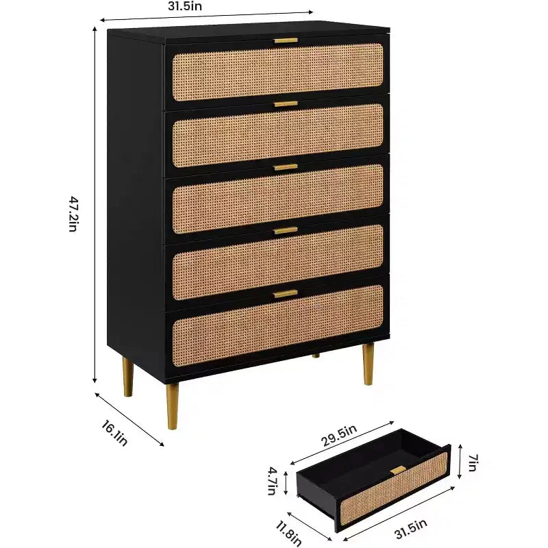 Rattan 5 Drawer Tall Dresser  Deep Storage Chest, Floor Standing Wooden Cabinet for Bedroom, Closet, Living Room