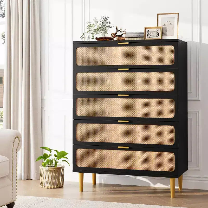 Rattan 5 Drawer Tall Dresser  Deep Storage Chest, Floor Standing Wooden Cabinet for Bedroom, Closet, Living Room