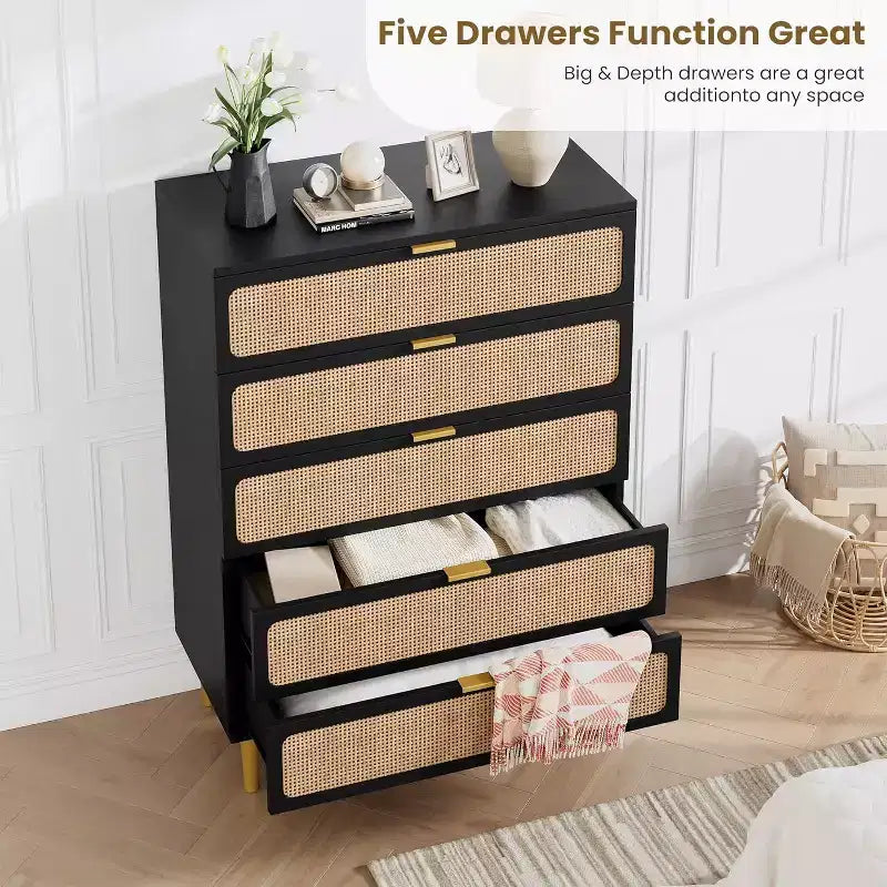 Rattan 5 Drawer Tall Dresser  Deep Storage Chest, Floor Standing Wooden Cabinet for Bedroom, Closet, Living Room