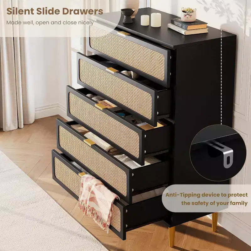 Rattan 5 Drawer Tall Dresser  Deep Storage Chest, Floor Standing Wooden Cabinet for Bedroom, Closet, Living Room