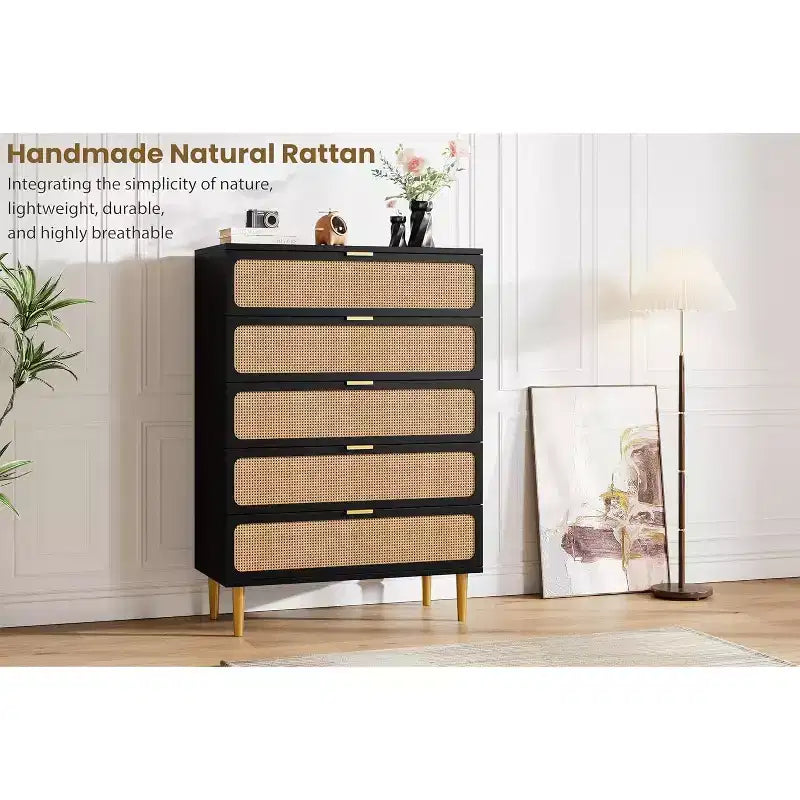Rattan 5 Drawer Tall Dresser  Deep Storage Chest, Floor Standing Wooden Cabinet for Bedroom, Closet, Living Room