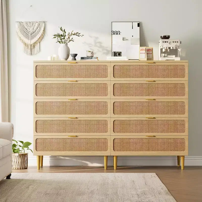 Rattan 5 Drawer Tall Dresser  Deep Storage Chest, Floor Standing Wooden Cabinet for Bedroom, Closet, Living Room