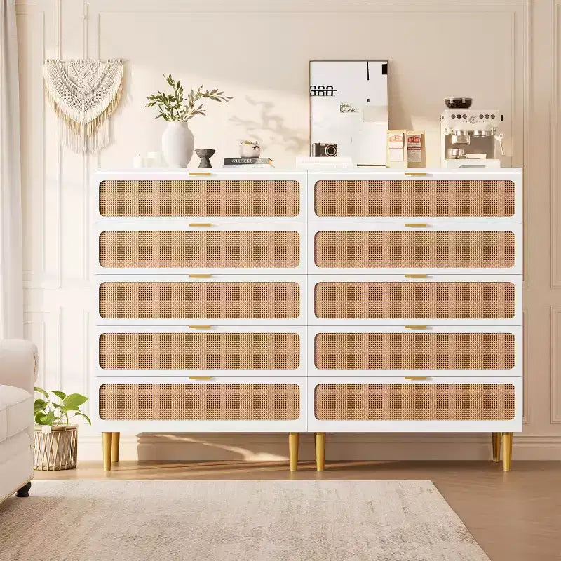 Rattan 5 Drawer Tall Dresser  Deep Storage Chest, Floor Standing Wooden Cabinet for Bedroom, Closet, Living Room