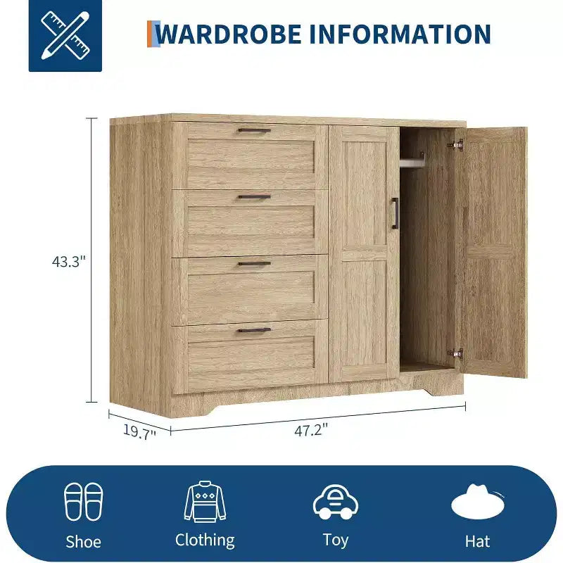 Acekool 2-Door Wardrobe Dresser  Closet Armoire with 4 Drawers & Hanging Rod