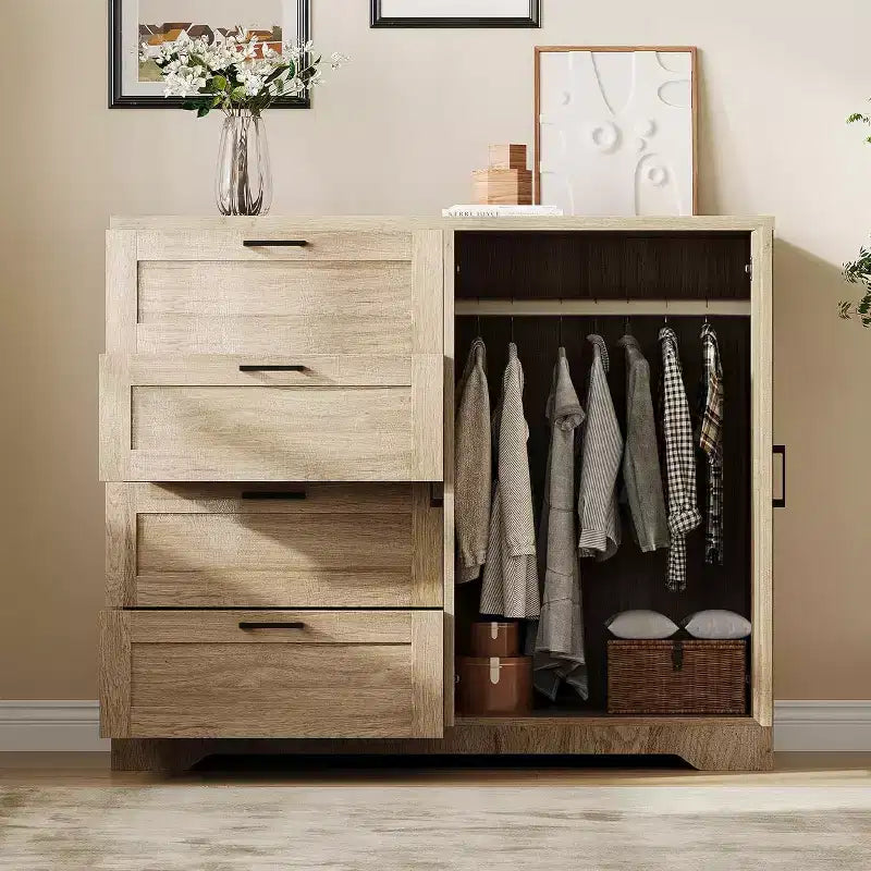 Acekool 2-Door Wardrobe Dresser  Closet Armoire with 4 Drawers & Hanging Rod