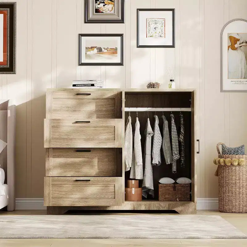 Acekool 2-Door Wardrobe Dresser  Closet Armoire with 4 Drawers & Hanging Rod