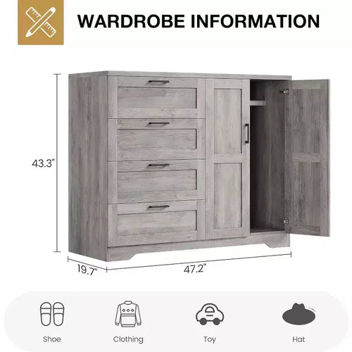 Acekool Armoire penderie 2 portes avec 4 tiroirs et tringle de suspension