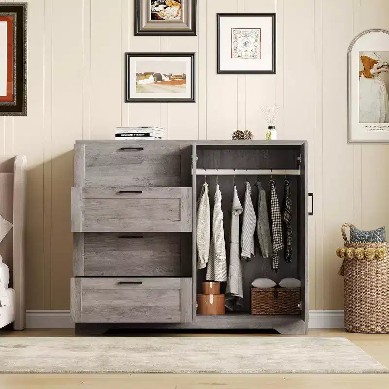 Acekool 2-Door Wardrobe Dresser  Closet Armoire with 4 Drawers & Hanging Rod