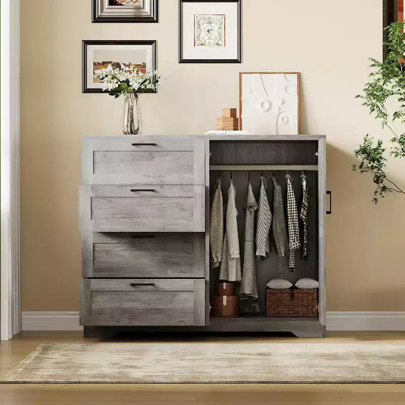Acekool 2-Door Wardrobe Dresser  Closet Armoire with 4 Drawers & Hanging Rod