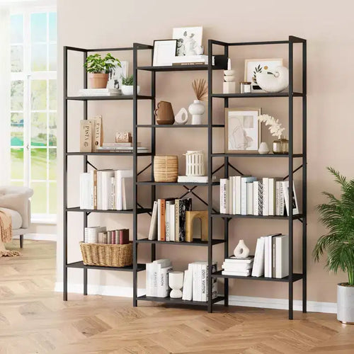 5 Tier Bookcases, Triple Wide Industrial Bookshelf, Steel Bookshelf, Display Storage Bookshelves