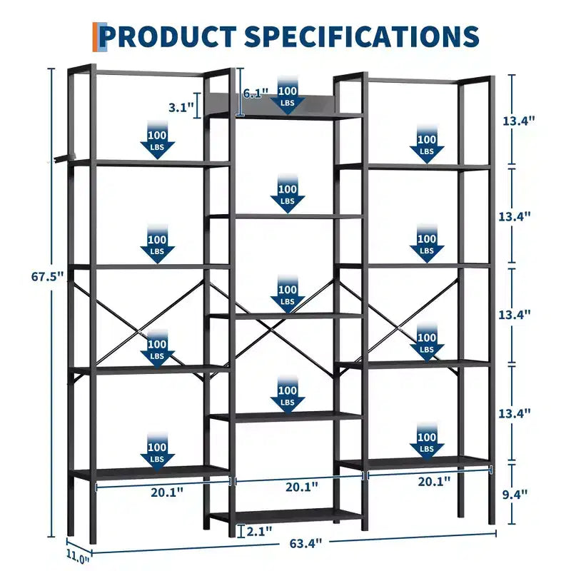 5 Tier Bookcases, Triple Wide Industrial Bookshelf, Steel Bookshelf, Display Storage Bookshelves