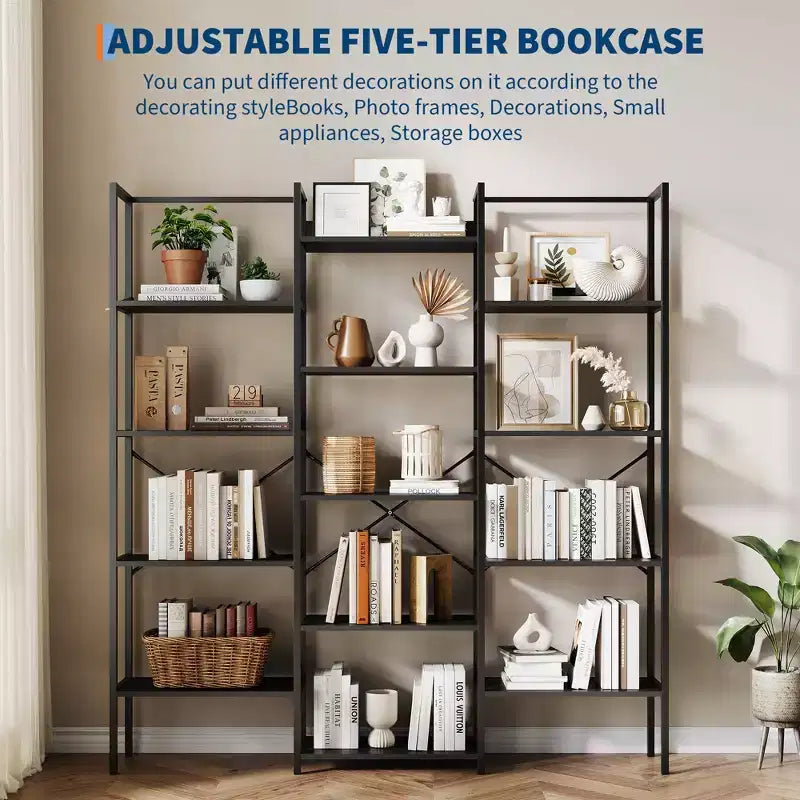 5 Tier Bookcases, Triple Wide Industrial Bookshelf, Steel Bookshelf, Display Storage Bookshelves