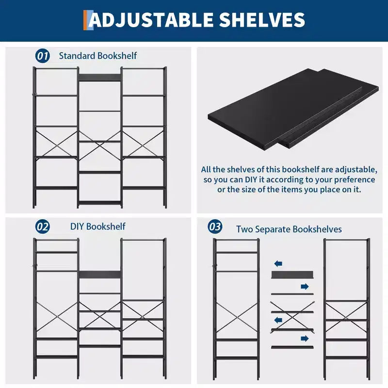 5 Tier Bookcases, Triple Wide Industrial Bookshelf, Steel Bookshelf, Display Storage Bookshelves