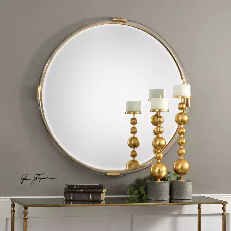 Miroir mural décoratif rond Uttermost biseauté, cadre en bois, acrylique clair, doré métallique 37 1/2 po de large pour salle de bain, chambre